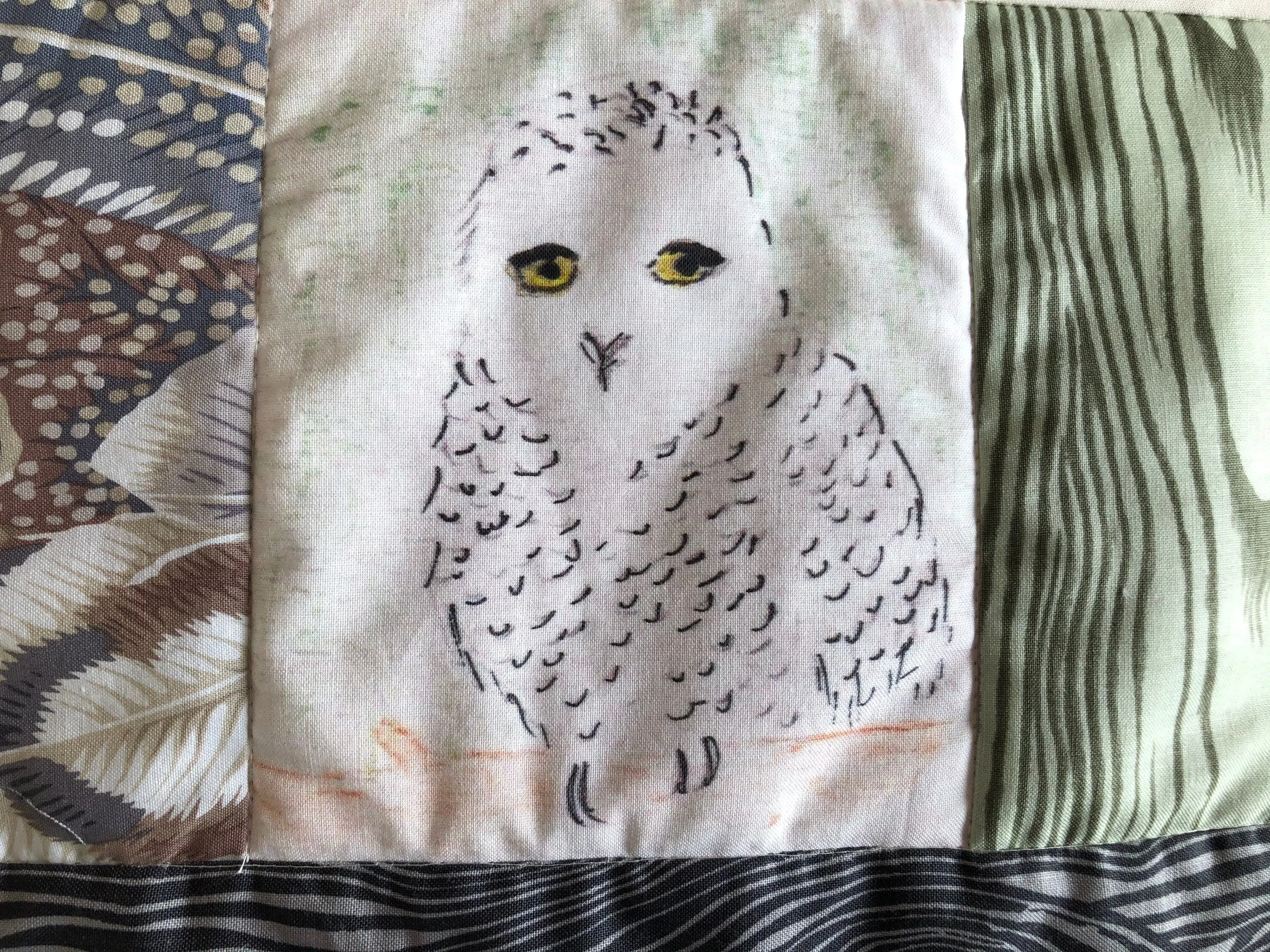 Snowy Owl Mug Rug, Snack Mat, Mini Placemat, Watercolor sketch, mini quilt