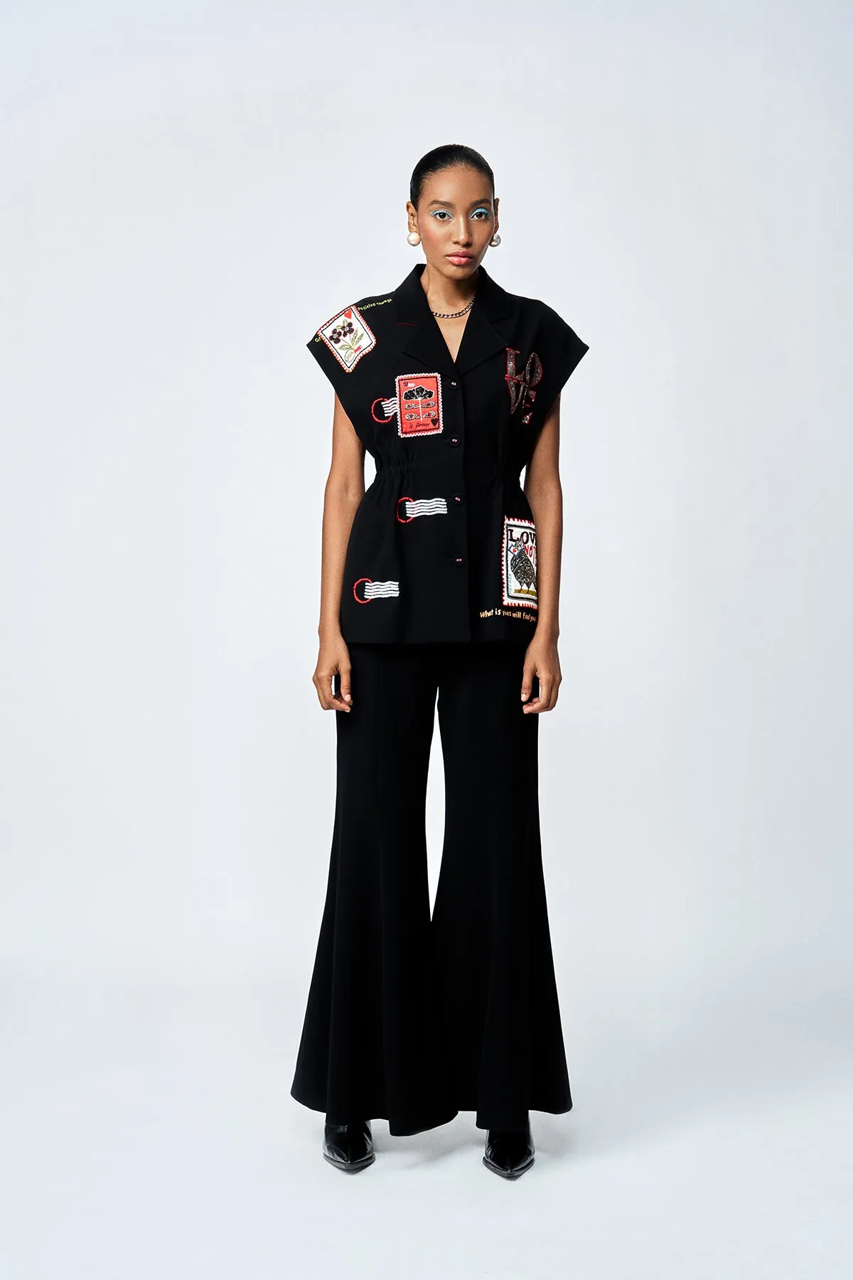 STAMP ROBE JACKET WITH BELL BOTTOM PANTS