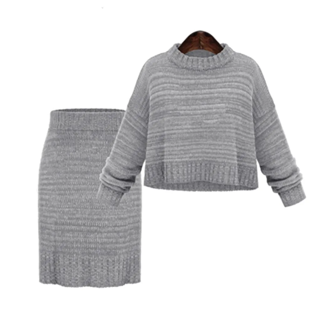 Two Piece Set Women Skirts Long Sleeve Crop Tops Pencil Skirt