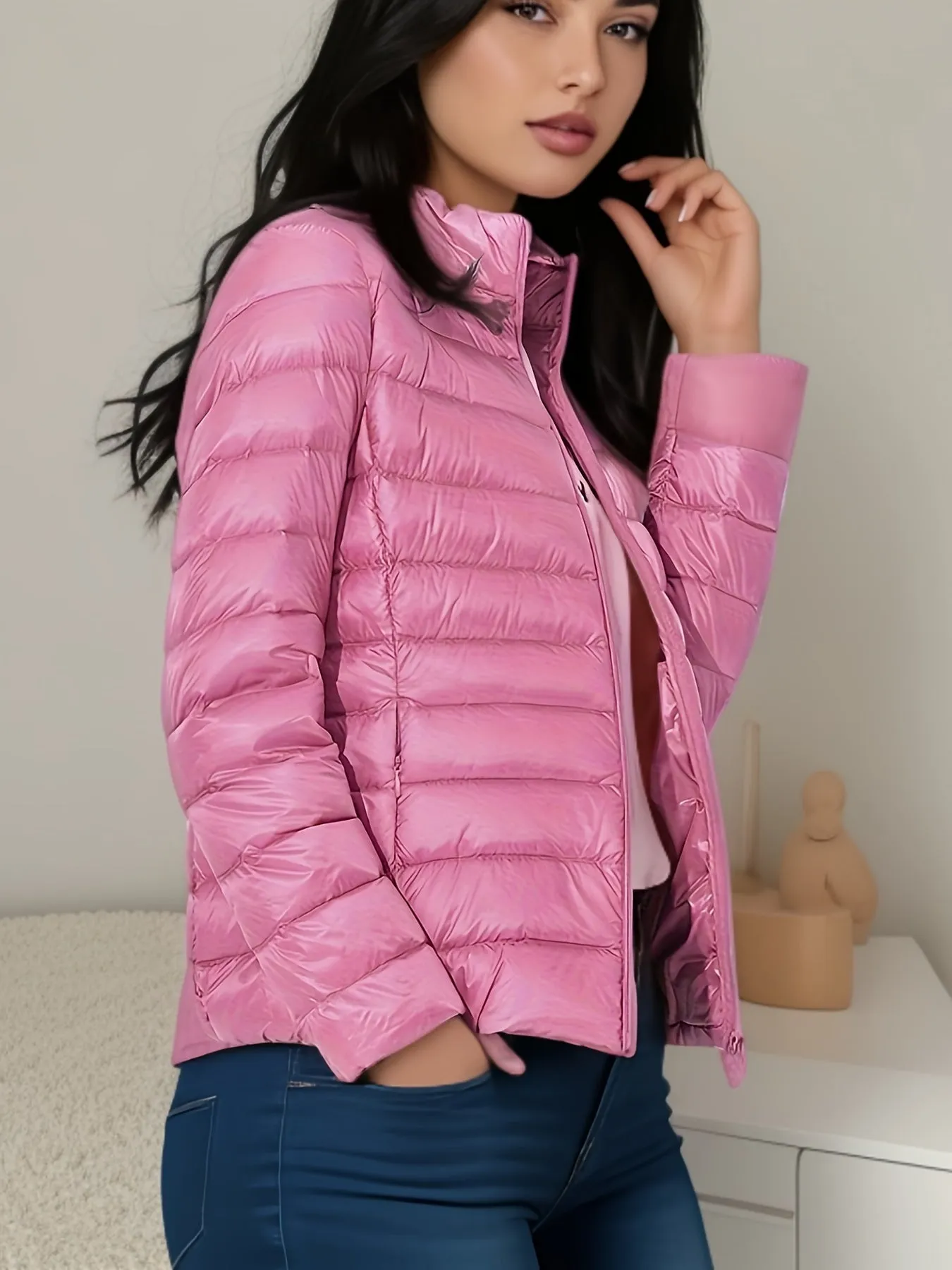 Women's Lightweight Puffer Jacket - Casual Long Sleeve with Stand Collar, Solid Color, Zip-Up, Nylon