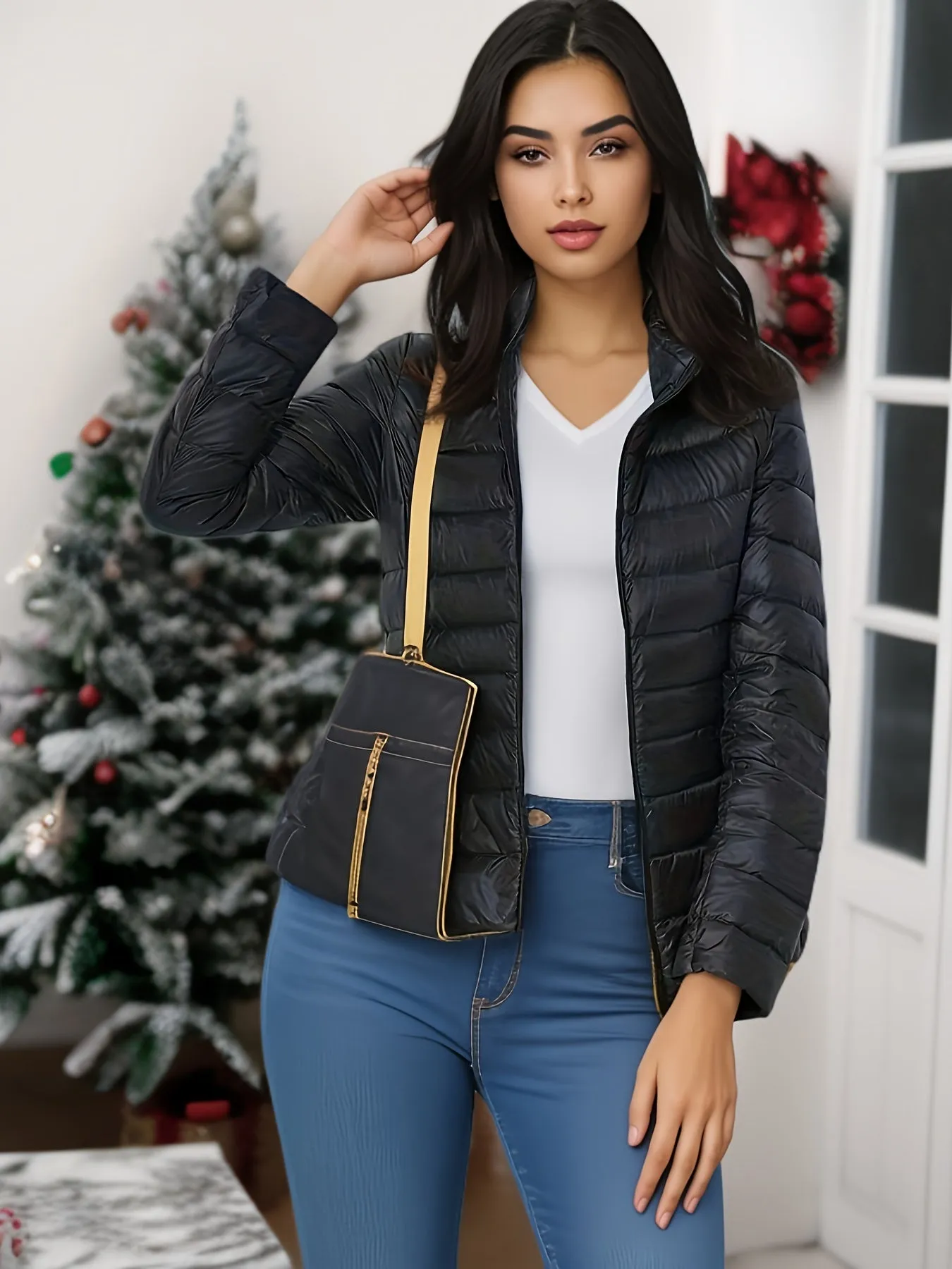 Women's Lightweight Puffer Jacket - Casual Long Sleeve with Stand Collar, Solid Color, Zip-Up, Nylon