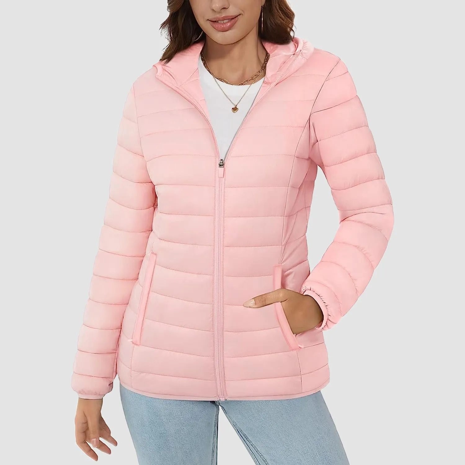 Women's Lightweight Puffer Jacket Hooded Full Zip Quilted Lined Coat for Winter
