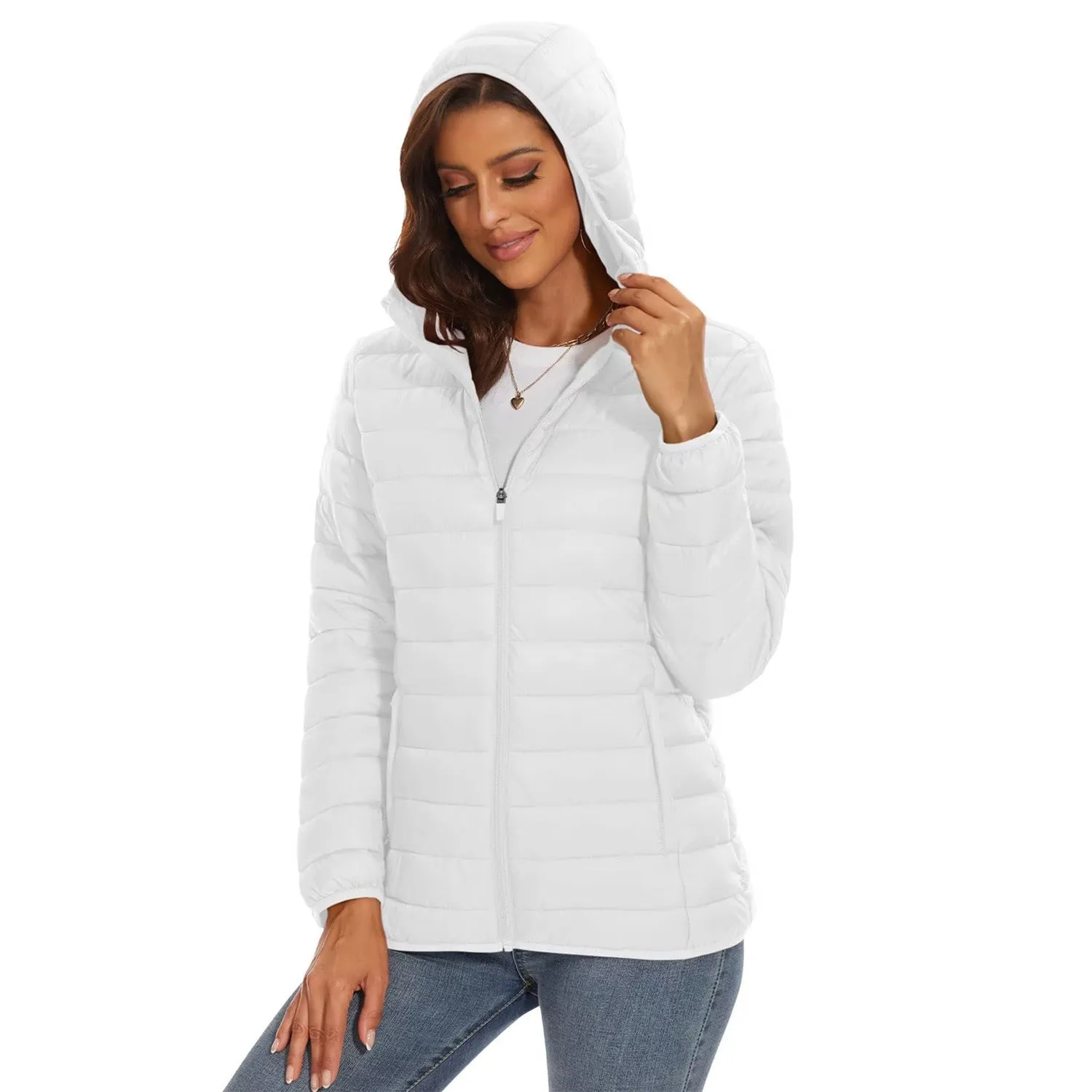 Women's Lightweight Puffer Jacket Hooded Full Zip Quilted Lined Coat for Winter