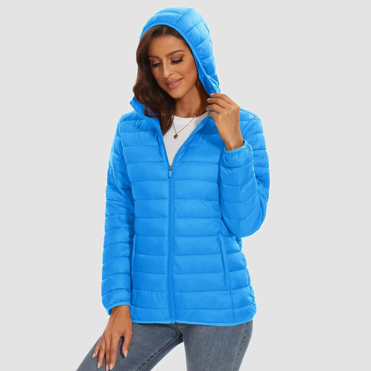 Women's Lightweight Puffer Jacket Hooded Full Zip Quilted Lined Coat for Winter