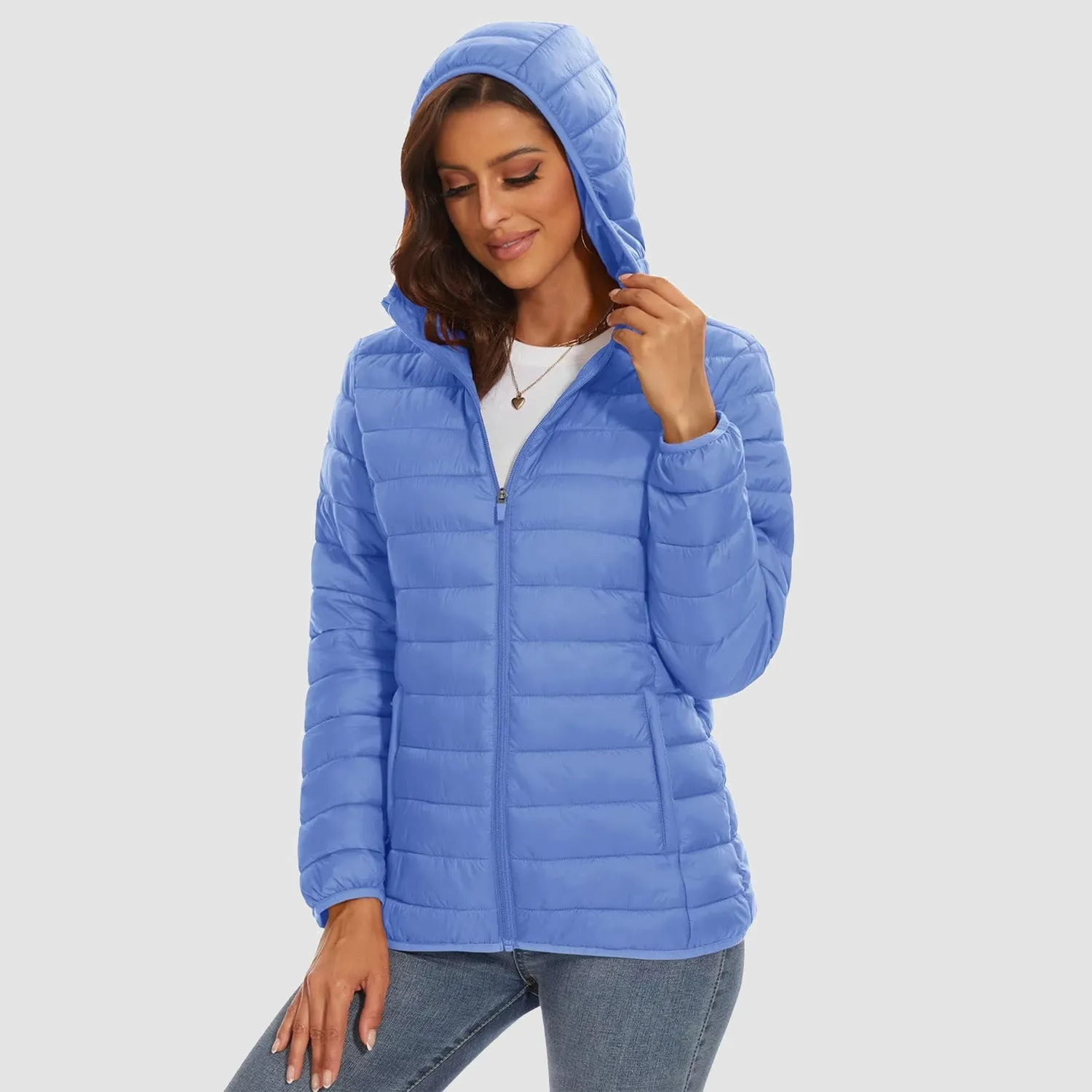 Women's Lightweight Puffer Jacket Hooded Full Zip Quilted Lined Coat for Winter