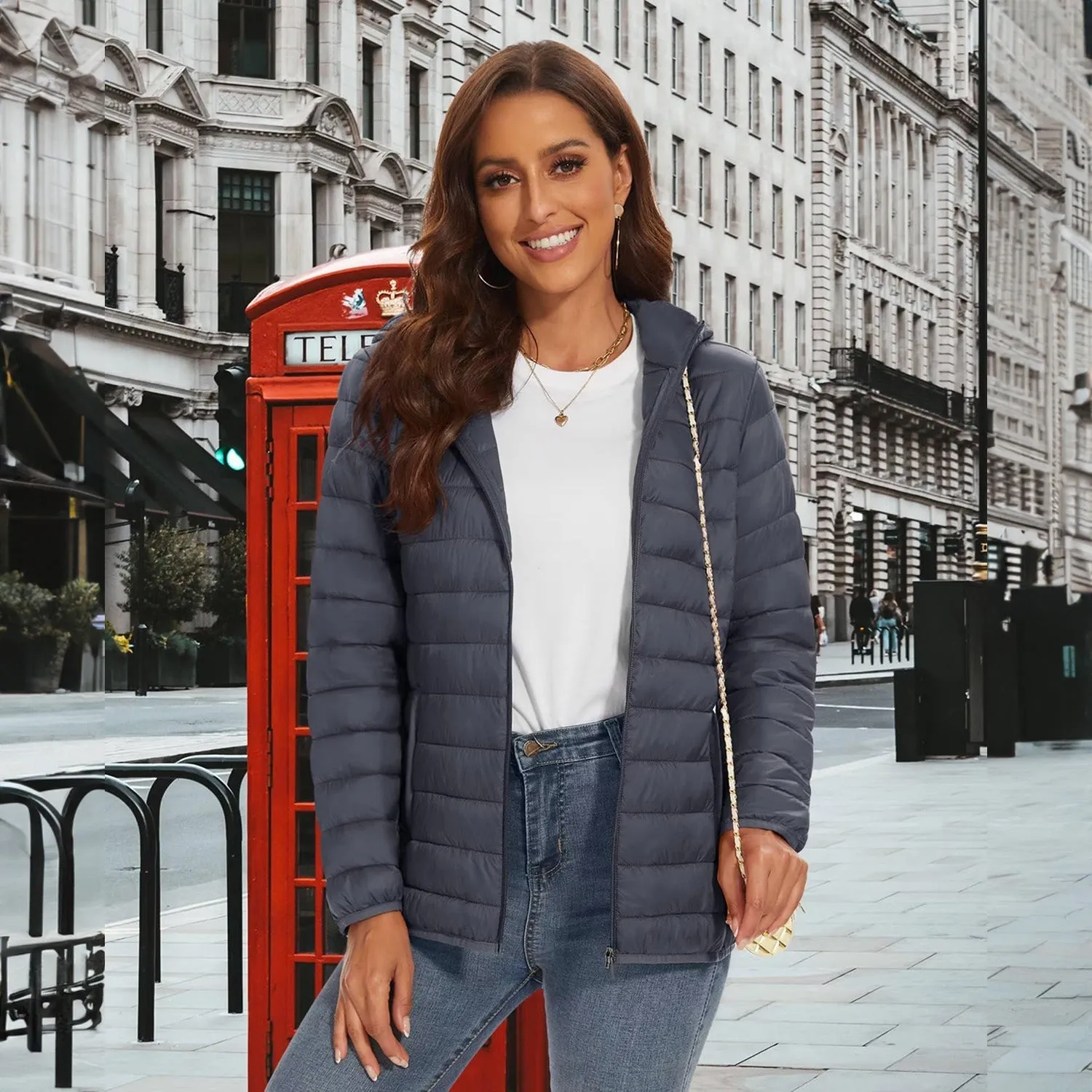 Women's Lightweight Puffer Jacket Hooded Full Zip Quilted Lined Coat for Winter
