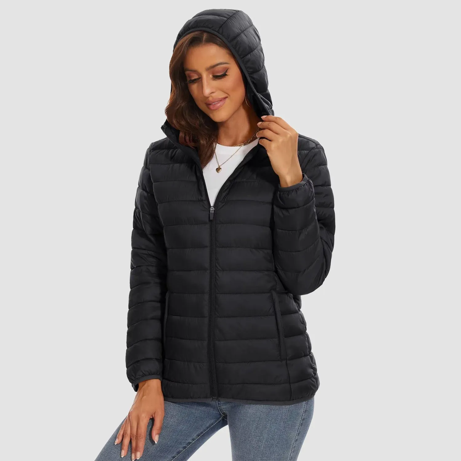 Women's Lightweight Puffer Jacket Hooded Full Zip Quilted Lined Coat for Winter
