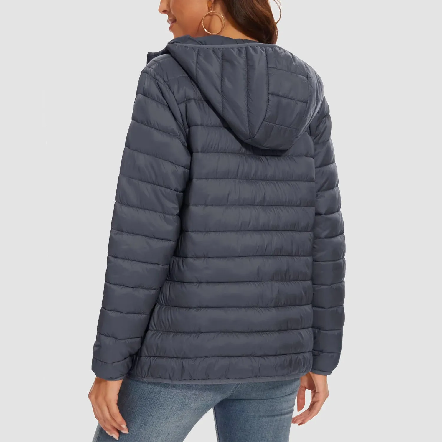Women's Lightweight Puffer Jacket Hooded Full Zip Quilted Lined Coat for Winter