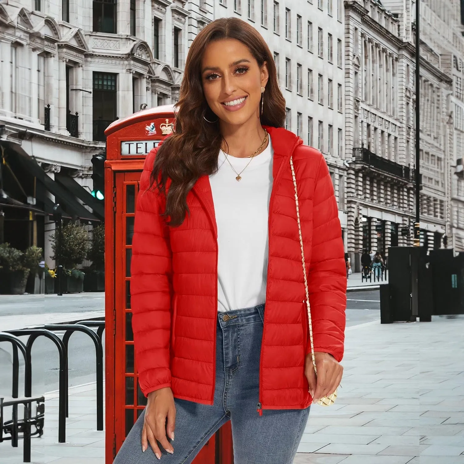 Women's Lightweight Puffer Jacket Hooded Full Zip Quilted Lined Coat for Winter