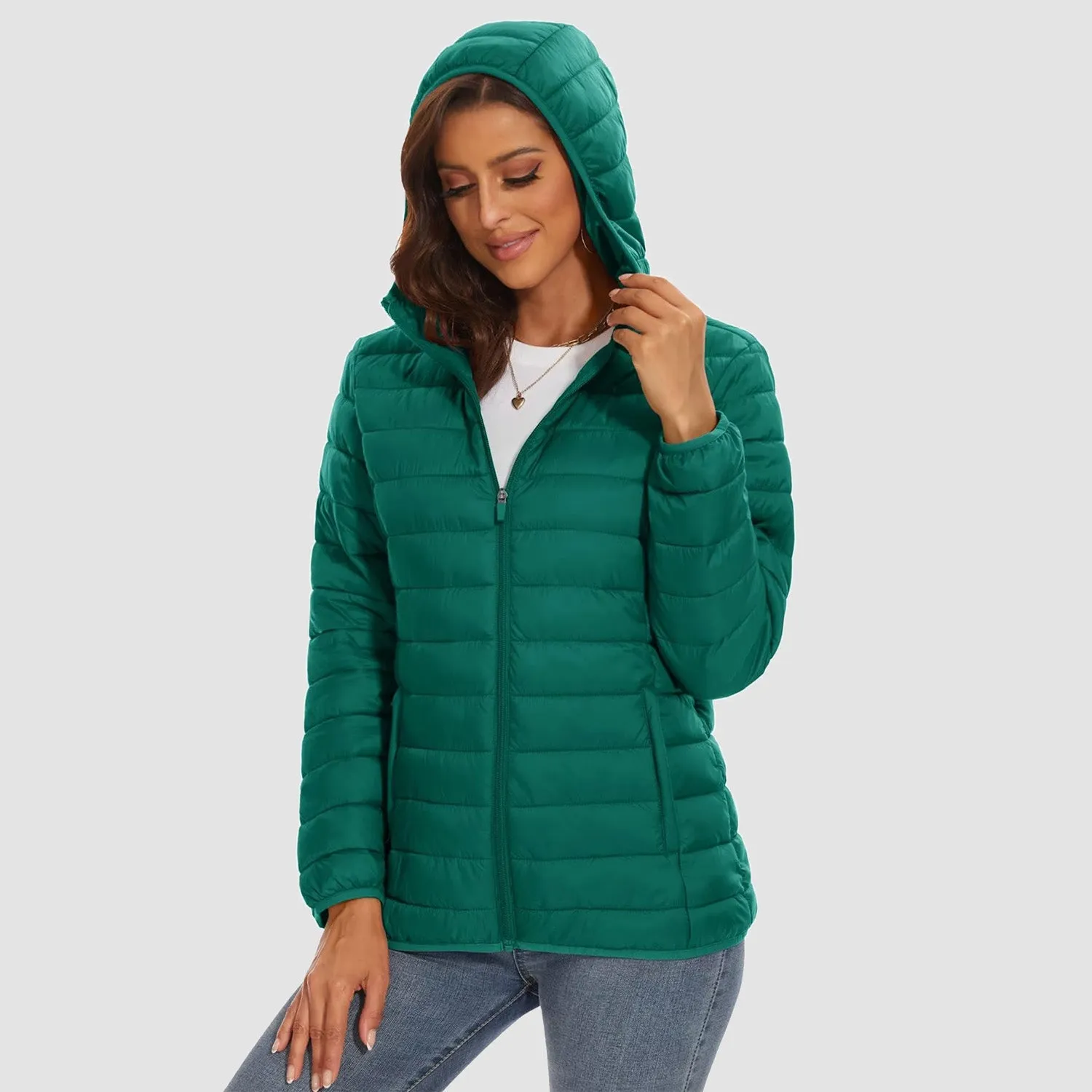 Women's Lightweight Puffer Jacket Hooded Full Zip Quilted Lined Coat for Winter