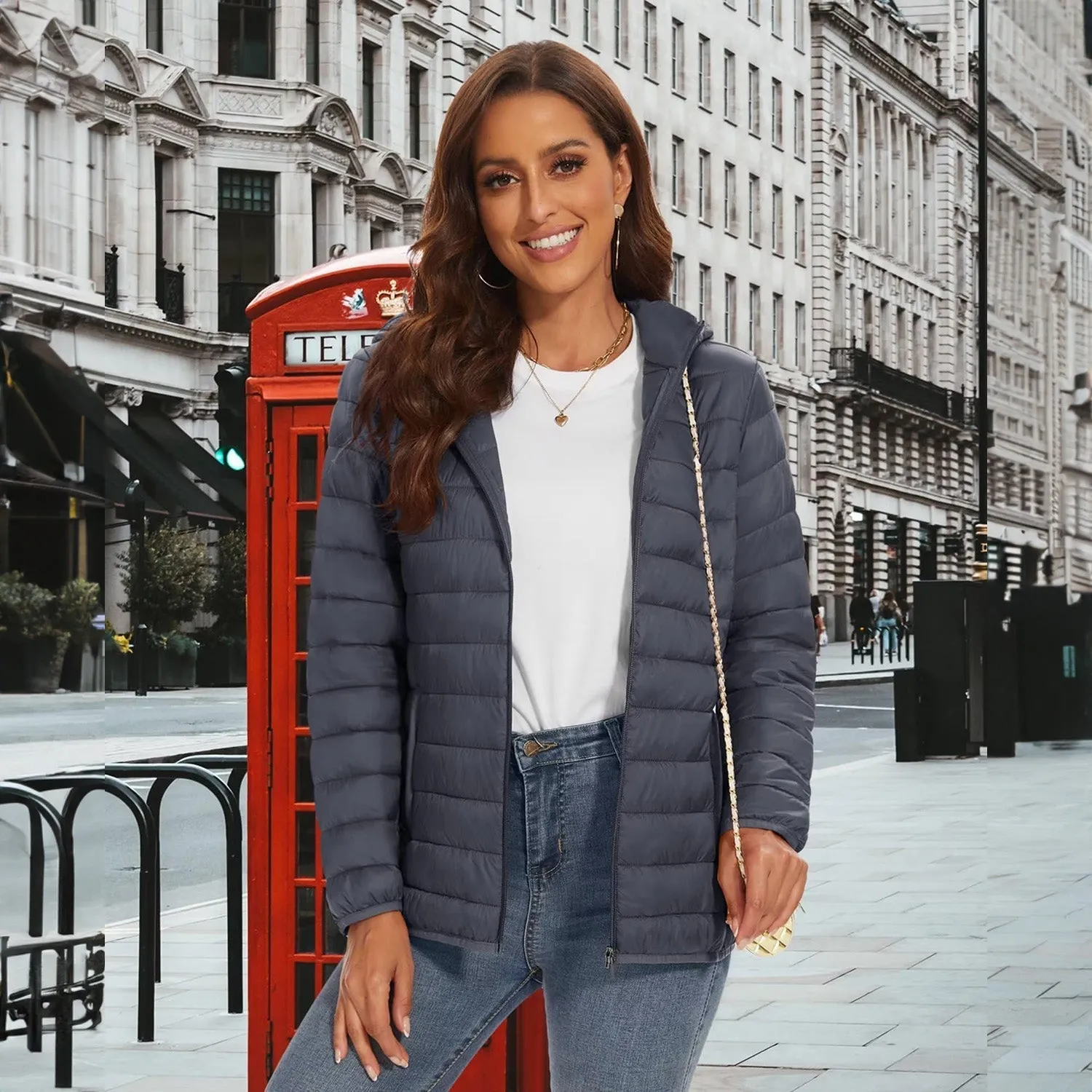 Women's Lightweight Puffer Jacket Hooded Full Zip Quilted Lined Coat for Winter