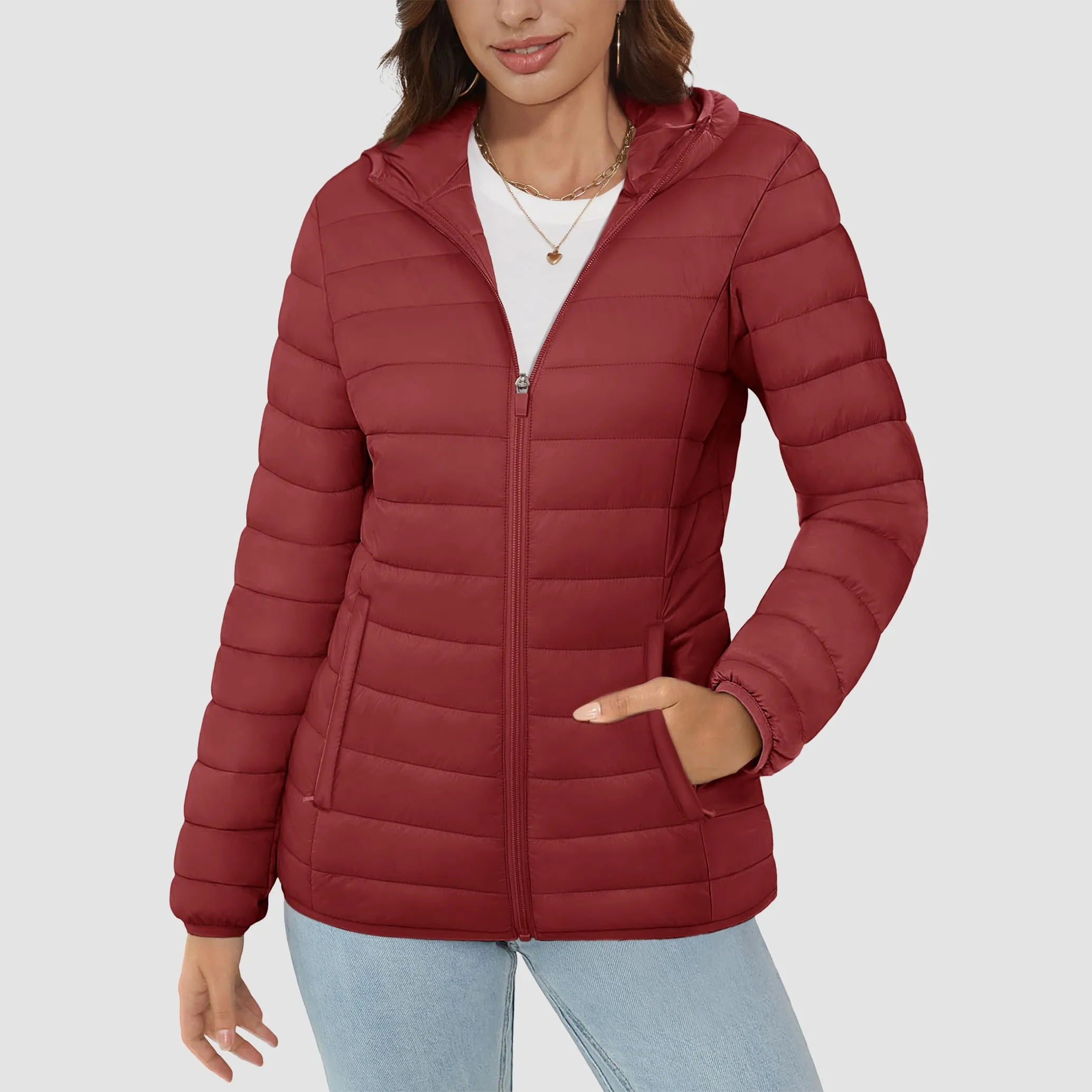 Women's Lightweight Puffer Jacket Hooded Full Zip Quilted Lined Coat for Winter