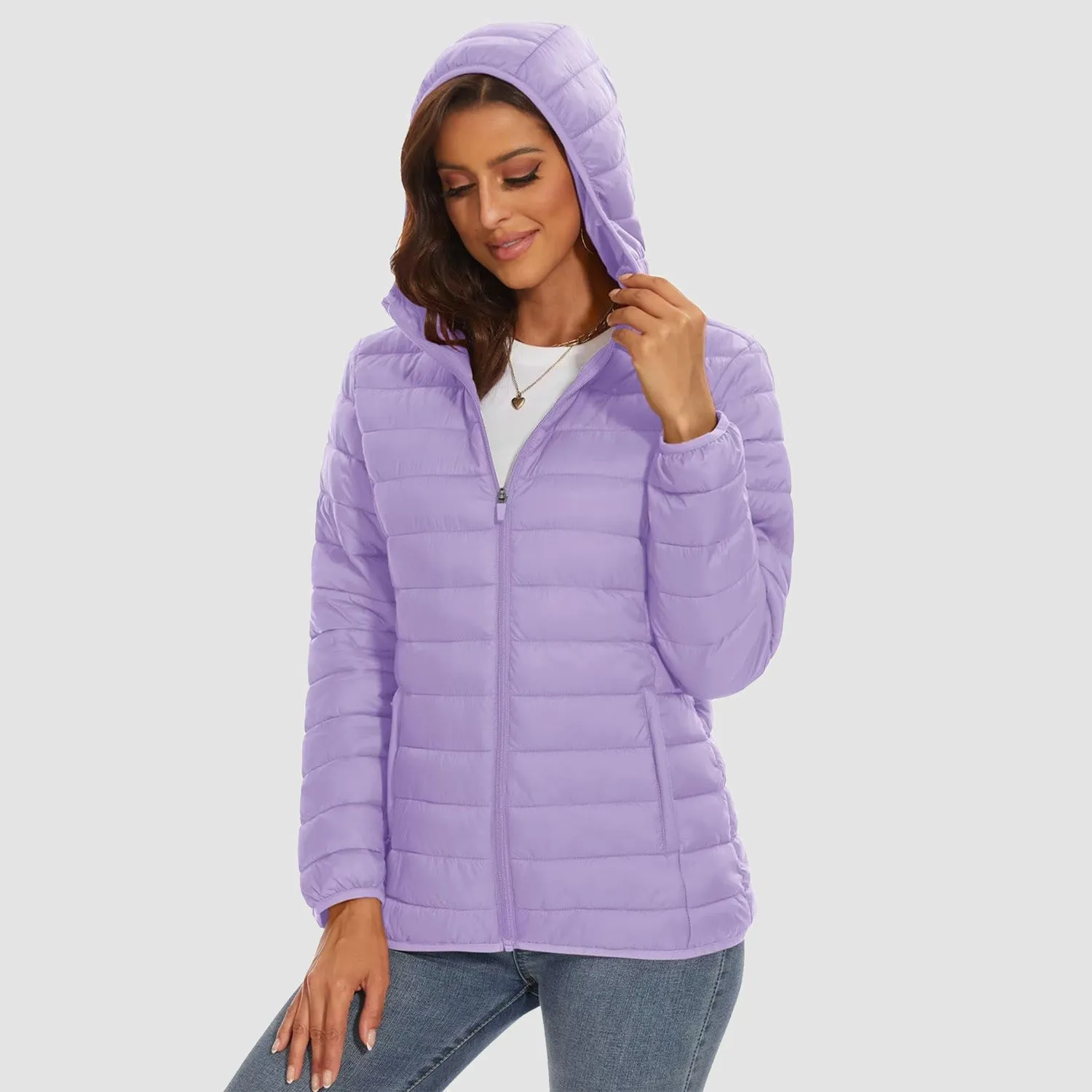 Women's Lightweight Puffer Jacket Hooded Full Zip Quilted Lined Coat for Winter