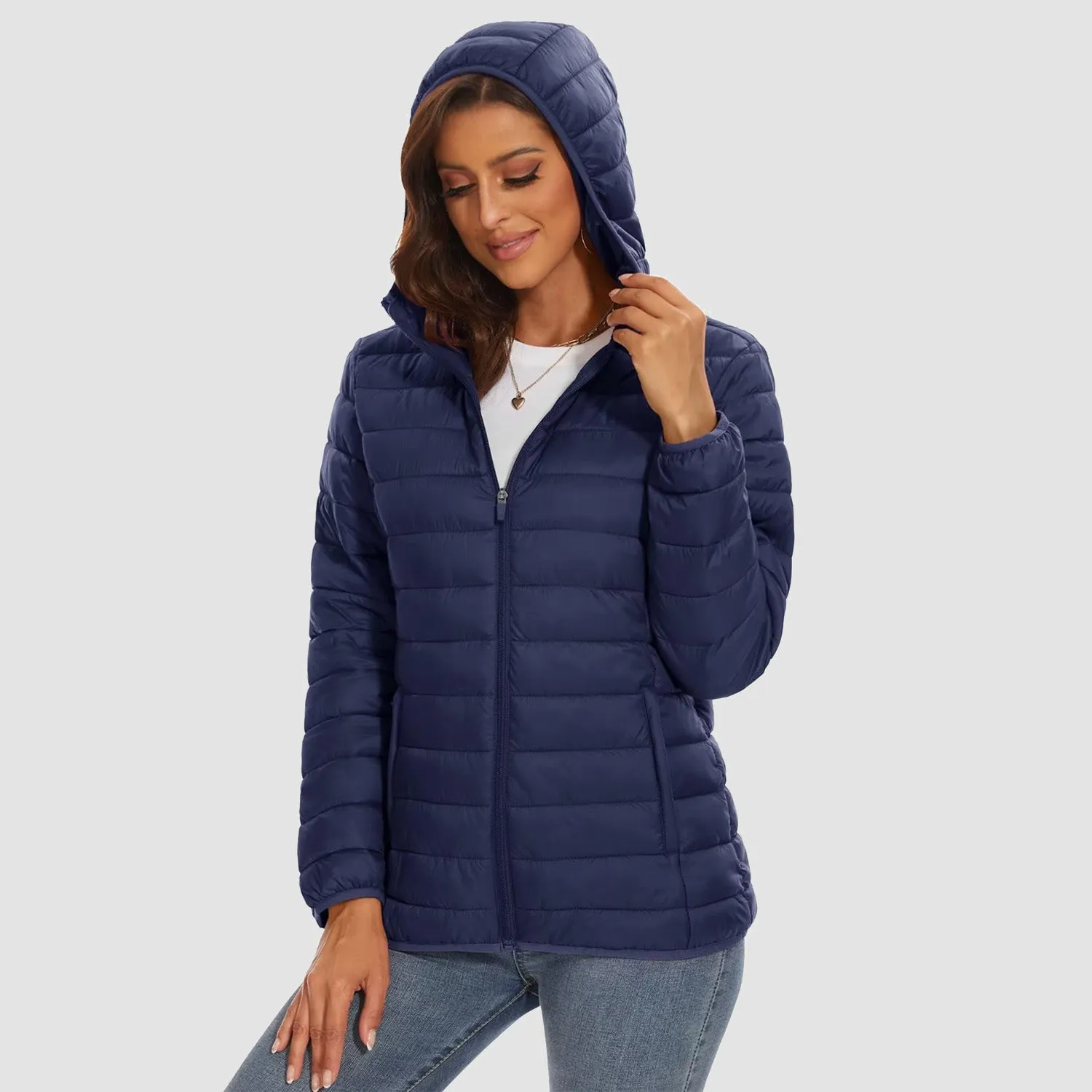 Women's Lightweight Puffer Jacket Hooded Full Zip Quilted Lined Coat for Winter