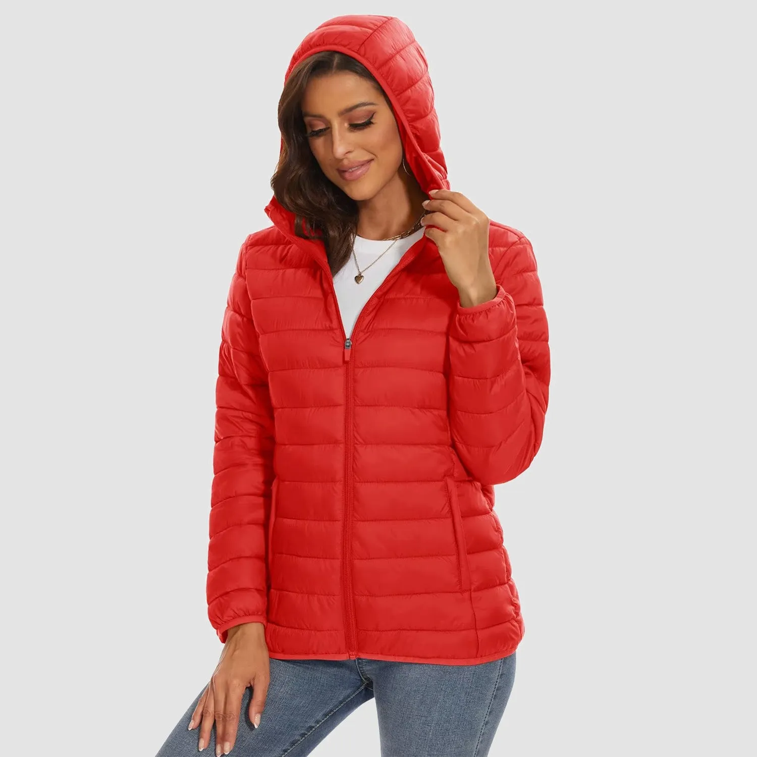 Women's Lightweight Puffer Jacket Hooded Full Zip Quilted Lined Coat for Winter
