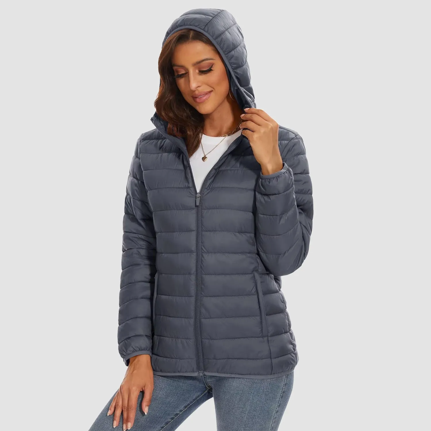 Women's Lightweight Puffer Jacket Hooded Full Zip Quilted Lined Coat for Winter