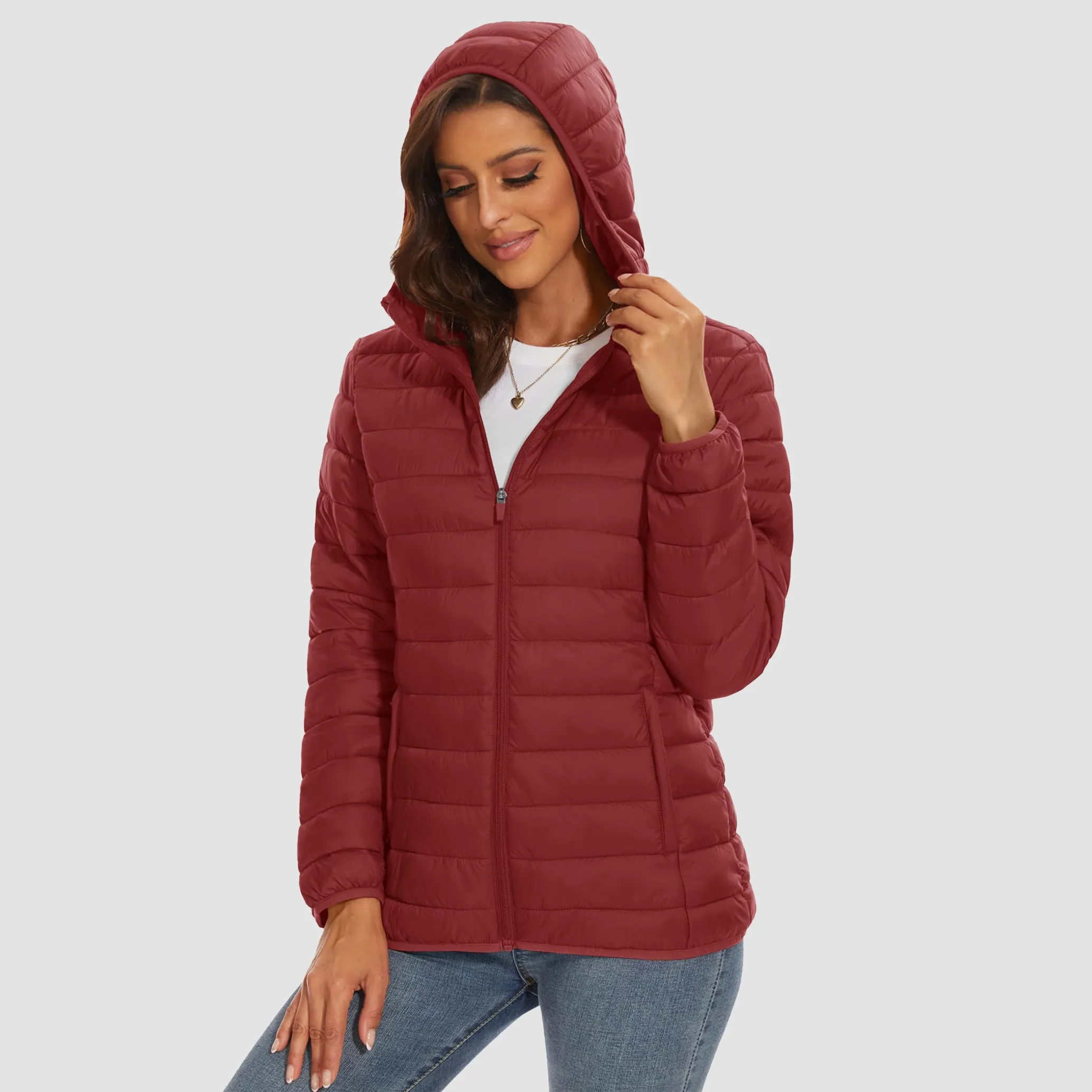 Women's Lightweight Puffer Jacket Hooded Full Zip Quilted Lined Coat for Winter