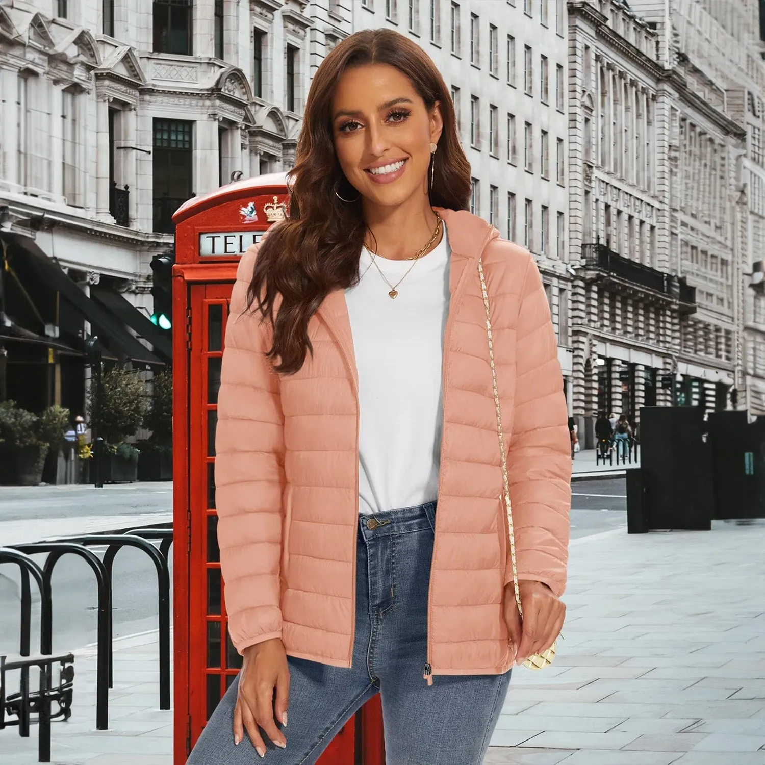Women's Lightweight Puffer Jacket Hooded Full Zip Quilted Lined Coat for Winter