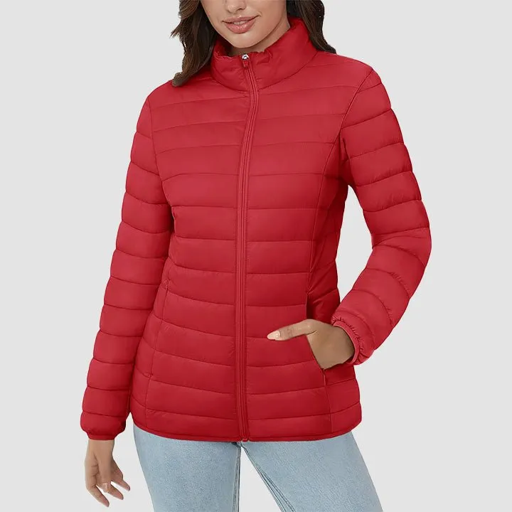 Women's  Lightweight Puffer Jacket Stand Collar Full Zip Quilted Lined Winter Coat