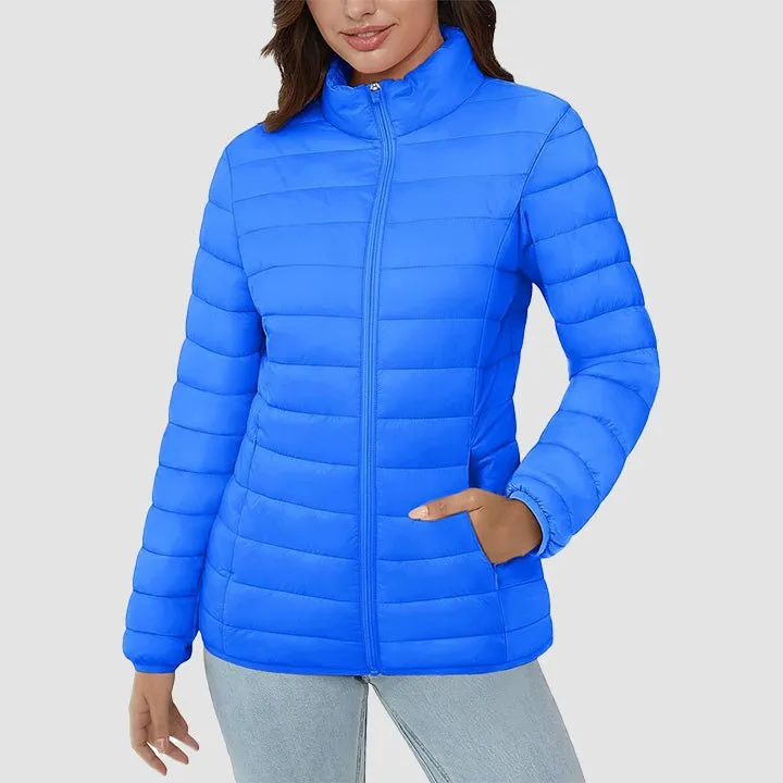 Women's  Lightweight Puffer Jacket Stand Collar Full Zip Quilted Lined Winter Coat