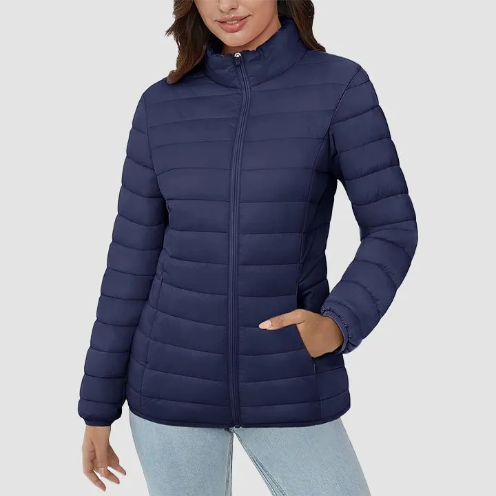 Women's  Lightweight Puffer Jacket Stand Collar Full Zip Quilted Lined Winter Coat