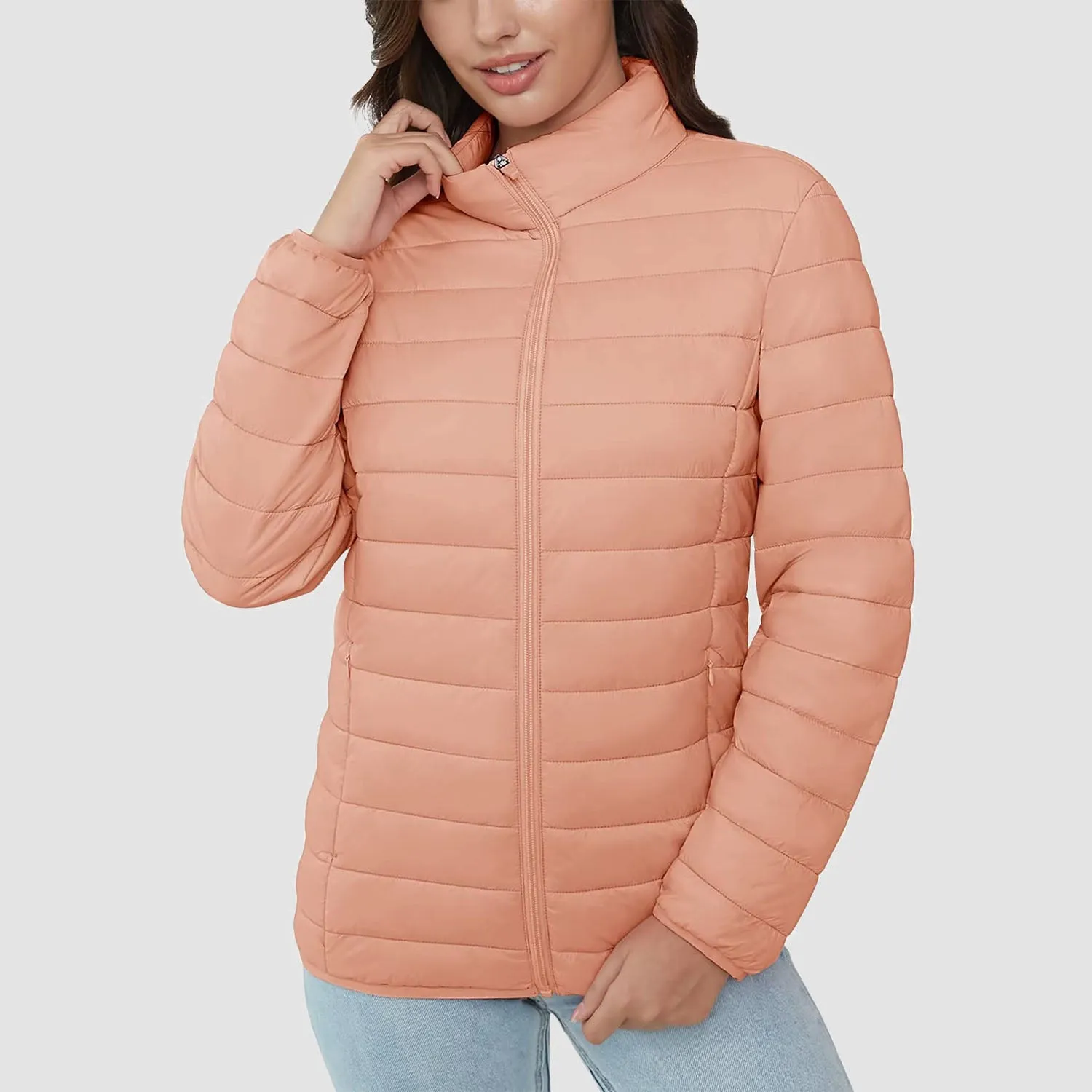 Women's  Lightweight Puffer Jacket Stand Collar Full Zip Quilted Lined Winter Coat