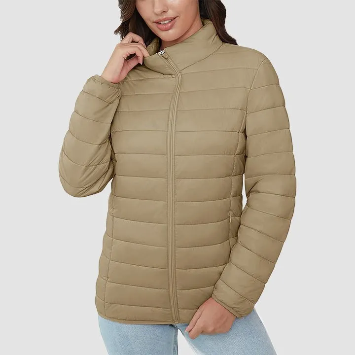 Women's  Lightweight Puffer Jacket Stand Collar Full Zip Quilted Lined Winter Coat