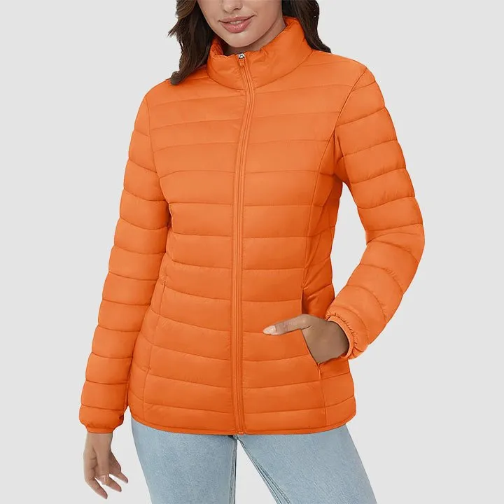 Women's  Lightweight Puffer Jacket Stand Collar Full Zip Quilted Lined Winter Coat