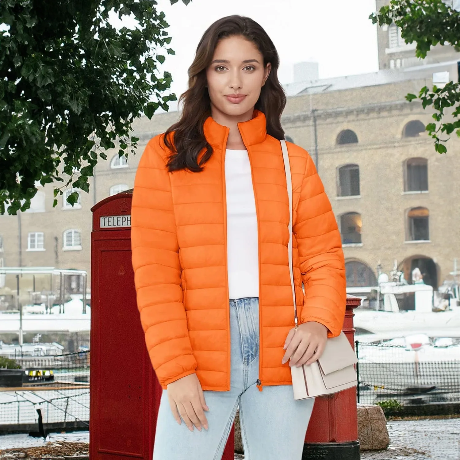 Women's  Lightweight Puffer Jacket Stand Collar Full Zip Quilted Lined Winter Coat