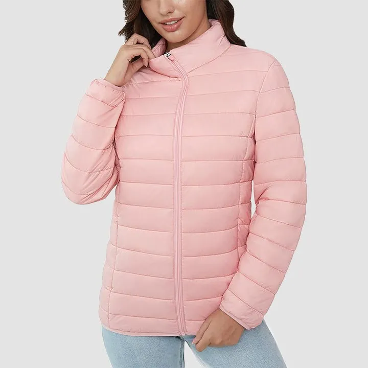 Women's  Lightweight Puffer Jacket Stand Collar Full Zip Quilted Lined Winter Coat