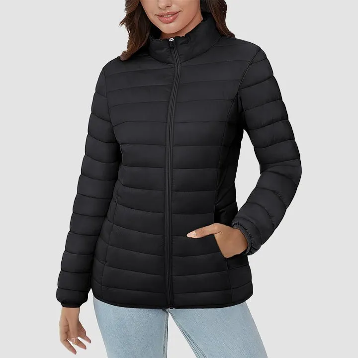 Women's  Lightweight Puffer Jacket Stand Collar Full Zip Quilted Lined Winter Coat