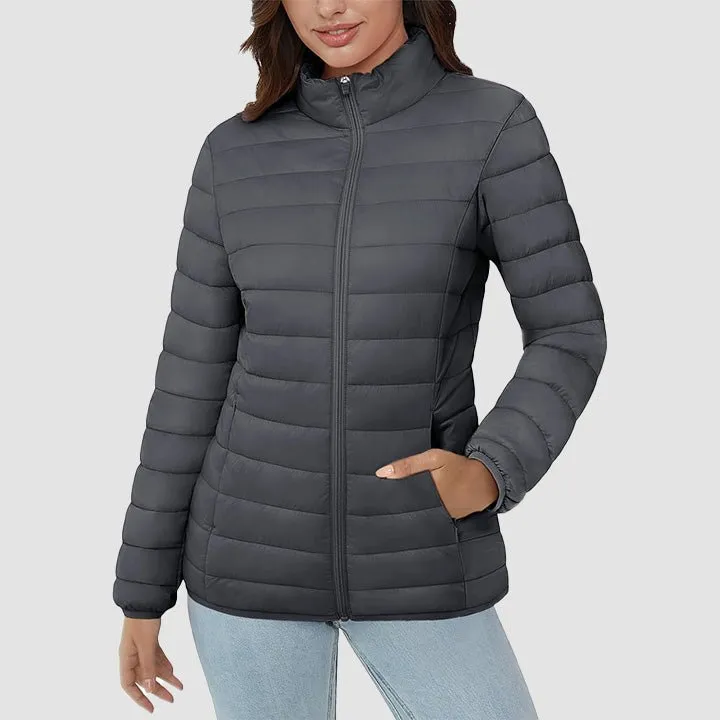 Women's  Lightweight Puffer Jacket Stand Collar Full Zip Quilted Lined Winter Coat