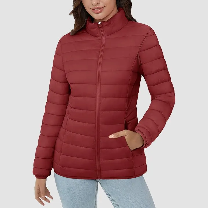 Women's  Lightweight Puffer Jacket Stand Collar Full Zip Quilted Lined Winter Coat