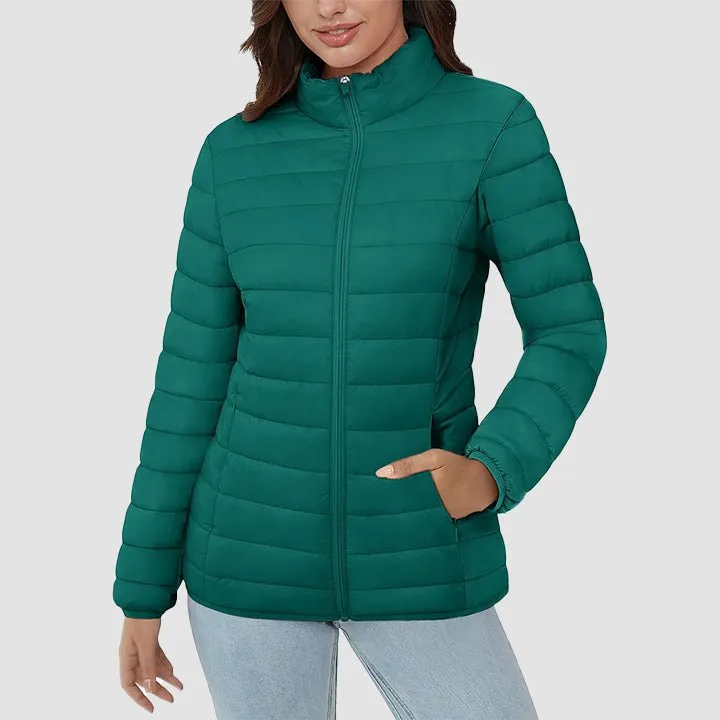 Women's  Lightweight Puffer Jacket Stand Collar Full Zip Quilted Lined Winter Coat