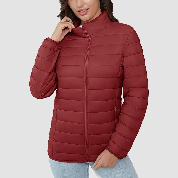 Women's  Lightweight Puffer Jacket Stand Collar Full Zip Quilted Lined Winter Coat