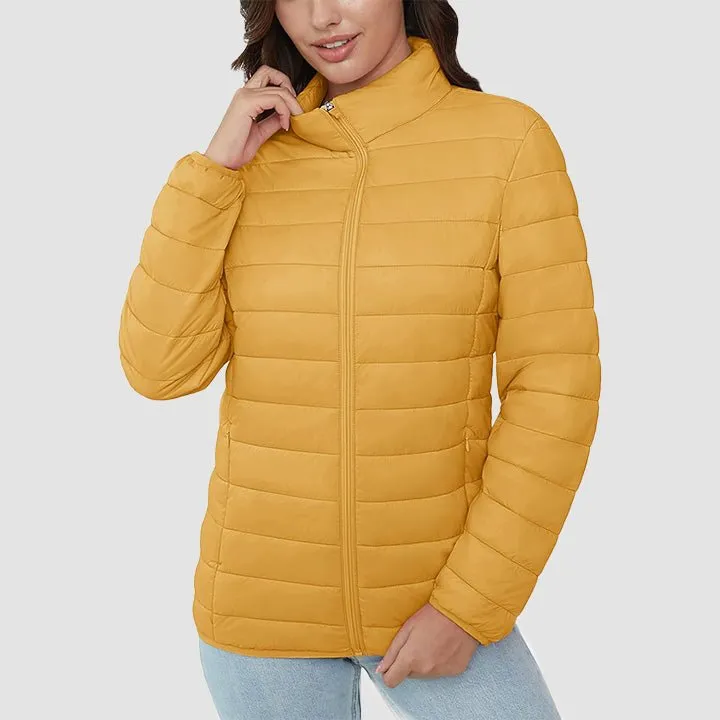Women's  Lightweight Puffer Jacket Stand Collar Full Zip Quilted Lined Winter Coat