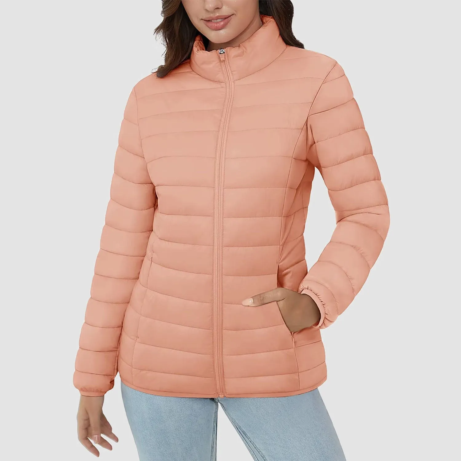 Women's  Lightweight Puffer Jacket Stand Collar Full Zip Quilted Lined Winter Coat