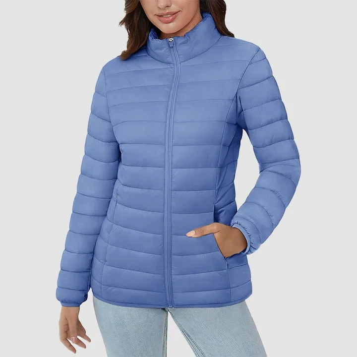 Women's  Lightweight Puffer Jacket Stand Collar Full Zip Quilted Lined Winter Coat