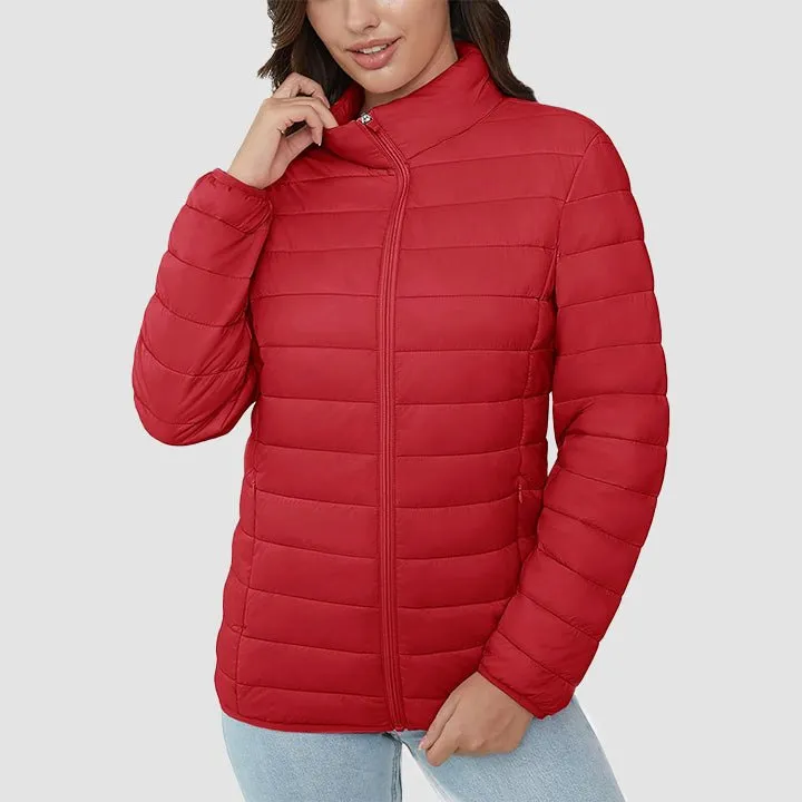 Women's  Lightweight Puffer Jacket Stand Collar Full Zip Quilted Lined Winter Coat