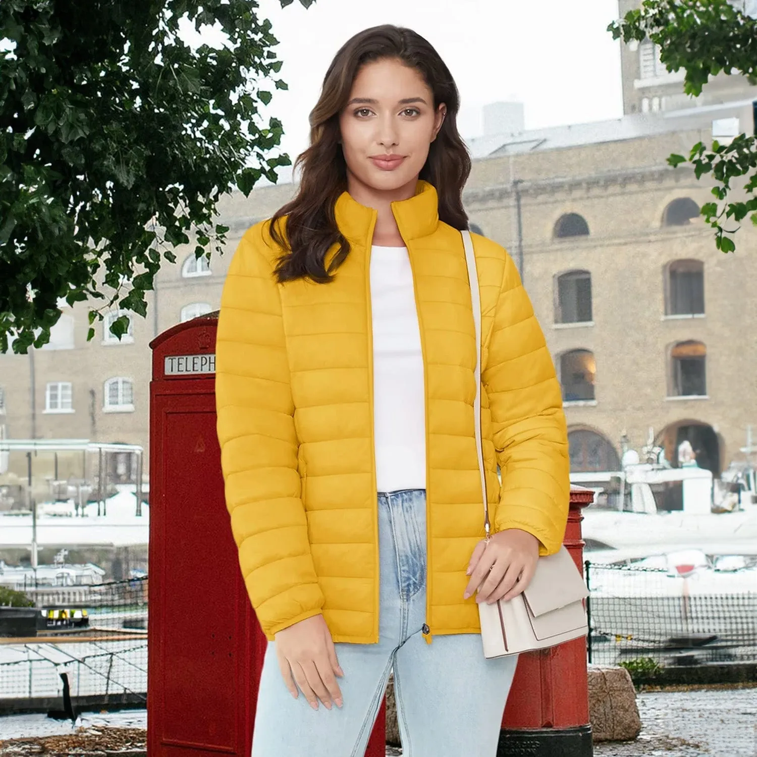Women's  Lightweight Puffer Jacket Stand Collar Full Zip Quilted Lined Winter Coat
