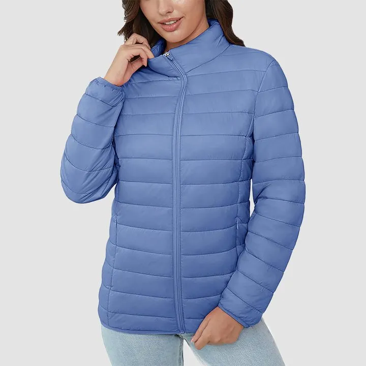 Women's  Lightweight Puffer Jacket Stand Collar Full Zip Quilted Lined Winter Coat