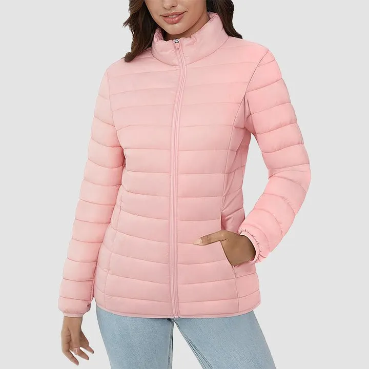 Women's  Lightweight Puffer Jacket Stand Collar Full Zip Quilted Lined Winter Coat