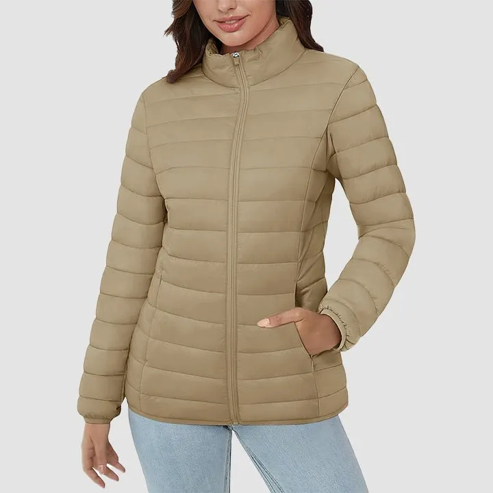 Women's  Lightweight Puffer Jacket Stand Collar Full Zip Quilted Lined Winter Coat