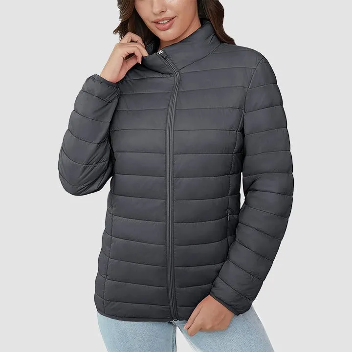 Women's  Lightweight Puffer Jacket Stand Collar Full Zip Quilted Lined Winter Coat