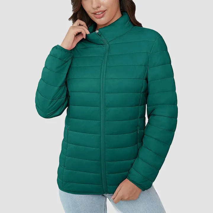 Women's  Lightweight Puffer Jacket Stand Collar Full Zip Quilted Lined Winter Coat