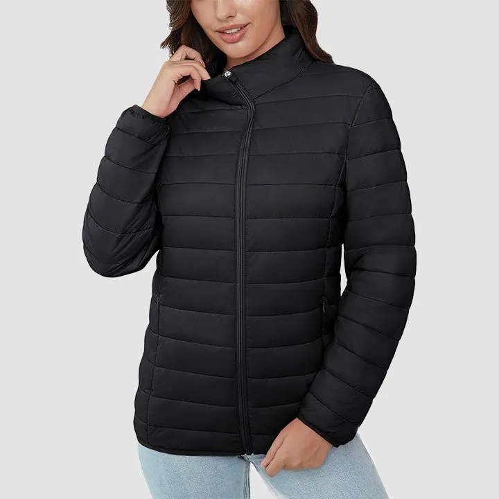Women's  Lightweight Puffer Jacket Stand Collar Full Zip Quilted Lined Winter Coat