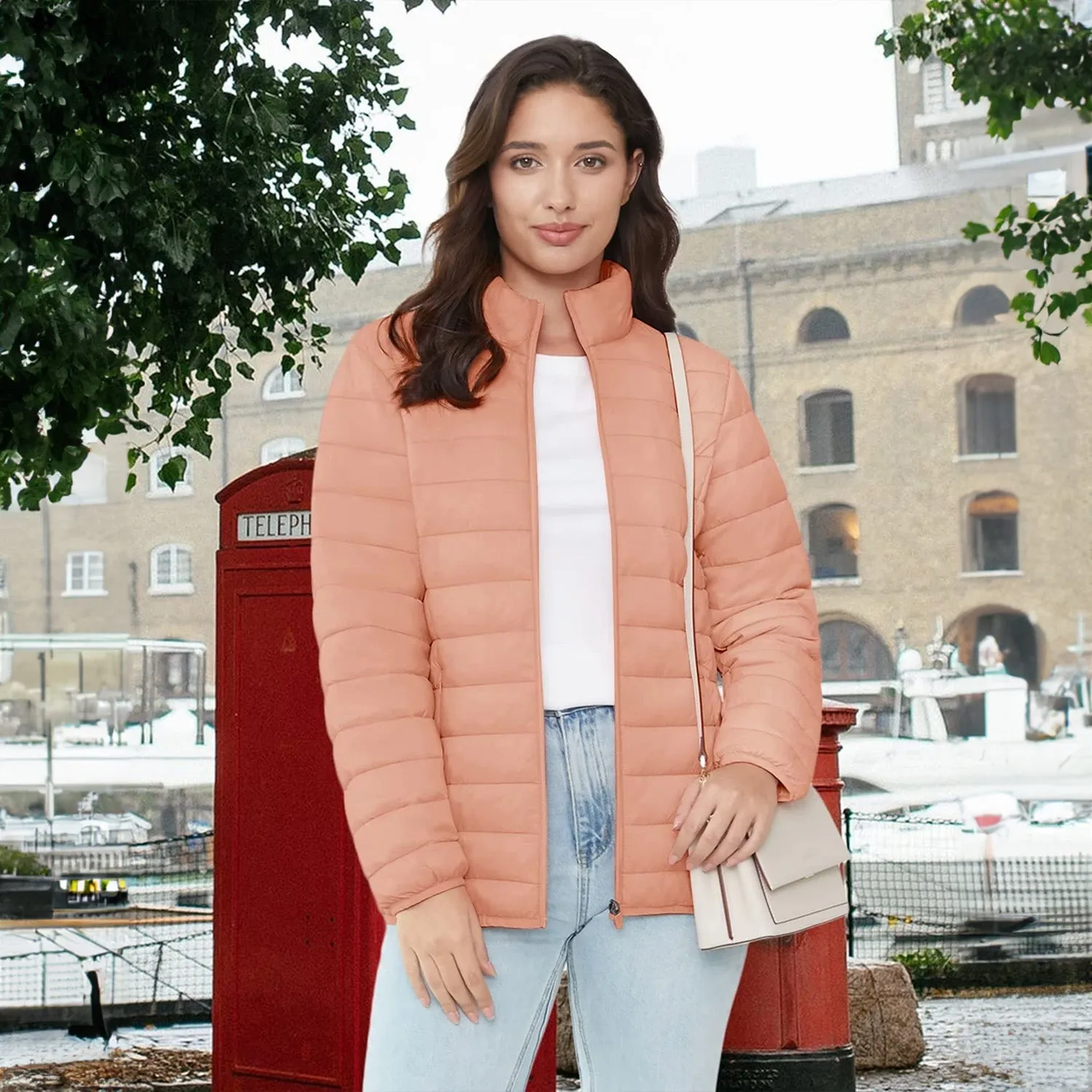 Women's  Lightweight Puffer Jacket Stand Collar Full Zip Quilted Lined Winter Coat