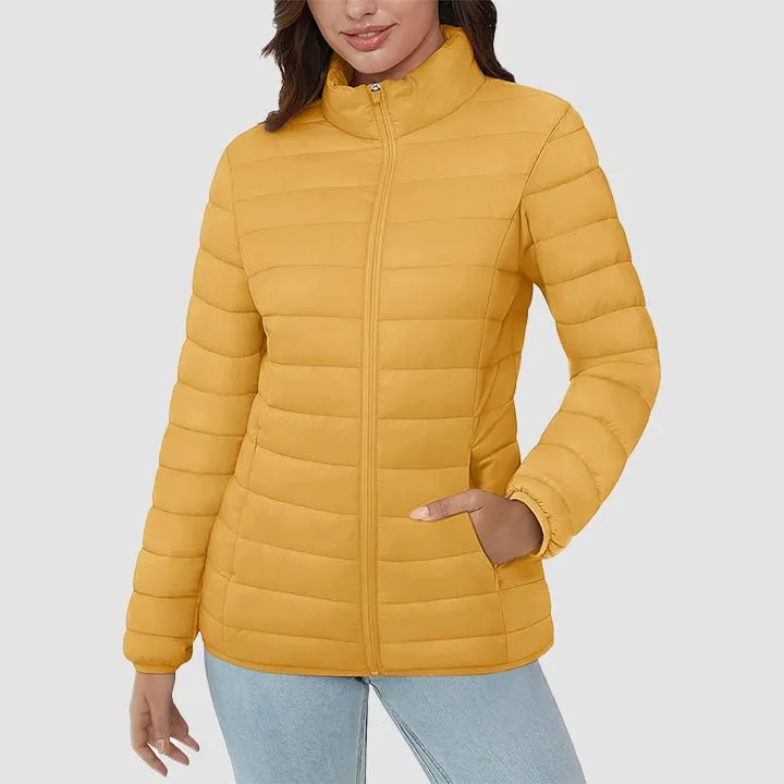 Women's  Lightweight Puffer Jacket Stand Collar Full Zip Quilted Lined Winter Coat