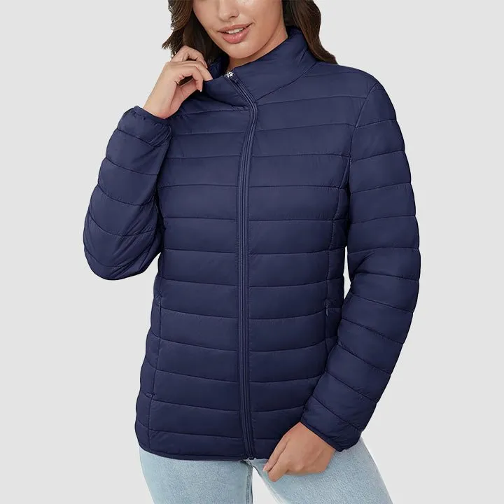 Women's  Lightweight Puffer Jacket Stand Collar Full Zip Quilted Lined Winter Coat