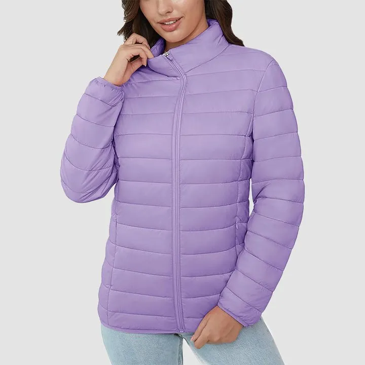 Women's  Lightweight Puffer Jacket Stand Collar Full Zip Quilted Lined Winter Coat